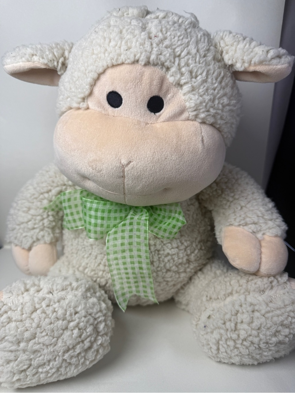 Papyrus Cream Lamb Plush Sheep Green Gingham Bow 20"